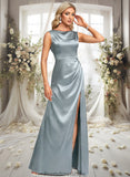 Sage A-line Scoop Cowl Floor-Length Stretch Satin Prom Dresses STKP0025878