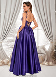 Marian Ball-Gown/Princess Scoop Floor-Length Satin Prom Dresses With Appliques Lace Beading STKP0025865