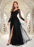 Livia A-line V-Neck Floor-Length Tulle Prom Dresses With Sequins Appliques Lace Beading STKP0025834