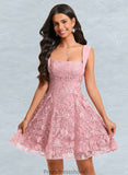 Madeline A-line Square Mini Lace Homecoming Dress With Bow Sequins STKP0025647