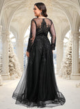 Livia A-line V-Neck Floor-Length Tulle Prom Dresses With Sequins Appliques Lace Beading STKP0025834