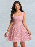 Madeline A-line Square Mini Lace Homecoming Dress With Bow Sequins STKP0025647