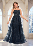 Ellen A-line Square Floor-Length Organza Lace Floral Prom Dresses With Sequins STKP0025844