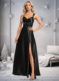 Patsy A-line V-Neck Floor-Length Stretch Satin Prom Dresses With Bow STKP0025882