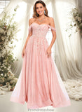 Jazlynn A-line Sweetheart Off the Shoulder Floor-Length Tulle Floral Lace Prom Dresses With Appliques Lace STKP0025870