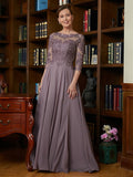 Talia A-Line/Princess Chiffon Lace Scoop 3/4 Sleeves Floor-Length Mother of the Bride Dresses STKP0020301