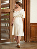 Violet A-Line/Princess Charmeuse Ruched Off-the-Shoulder 1/2 Sleeves Tea-Length Mother of the Bride Dresses STKP0020363