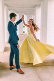 Unique A Line Yellow Satin Prom Dresses with Pockets, Simple Formal STK15680