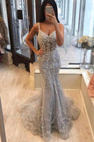 Unique Spaghetti Straps Mermaid Grey V-neck Prom Dresses with Applique STK15467