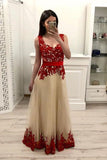 A line Tulle Red Lace Appliques V Neck Prom Dresses with Tulle Long Evening Dresses