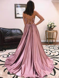 A Line V Neck Satin Lace up Dusty Rose High Slit Prom Dresses Long Evening Dresses