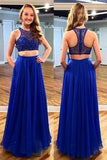 Stunning Two Piece Jewel Sleeveless Floor-Length Royal Blue Prom Dress with Beading