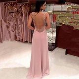 Pink Long Chiffon See Through Sexy V-Neck Sleeveless A-Line Yarn Prom Dresses