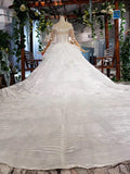 Beaded Long Ball Gown Wedding Dresses, Quinceanera Dresses with Short Sleeve