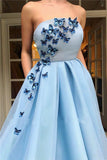 Unique A Line Blue Strapless Tulle Prom Dresses with Butterfly, Pockets Formal Dresses STK15449