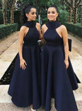 Ball Gown High Neck Satin V Neck Bridesmaid Dresses with Bowknot, Wedding Party Dress SRS15559