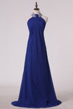 2024 Dark Royal Blue Halter Bridesmaid Dresses Chiffon With Beading Floor PG66KP3B