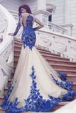 Mermaid Royal Blue Scoop Appliques Tulle Prom Dresses Long Evening STK20464