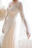 Unique V Neck Lace-up Mermaid Back Bridal Dresses Ivory Lace Trumpet Sleeve Wedding Dresses STK15469