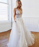 A Line Deep V-Neck Backless White Tulle Prom Dress With Appliques, Evening Dresses STK14997