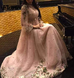 Sparkly Long Sleeves Beading Prom Dresses with Hand Made Flowers, Long Dance Dresses STK15536