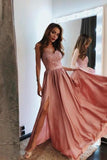 2024 Pink V Neck Long Prom Dresses Lace And Beaded Prom Dress With Slit PGDXYCTR