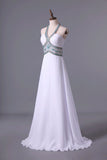 2024 Halter Prom Dress A-Line Pick Up Long Chiffon Skirt With Crystal Beading And PG437B7T