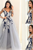 2024 A-Line/Princess V-Neck Long Sleeves Applique Tulle Floor-Length Dresses PQX7TCMJ