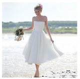 A-Line Ivory Short Sleeveless Pleated Tea-length Strapless Backless Wedding Dresses