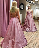 Unique A line Pink Sequins Spaghetti Straps Prom Dresses, Evening STK15678