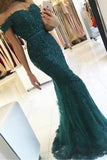 Elegant Emerald Green Off Shoulder Lace Mermaid Beads Sweetheart Prom Dresses