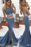 Lavender Two Piece Mermaid Halter Sleeveless Backless Split Front Prom Dresses