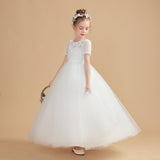 Short Sleeves Ivory Tulle Flower Girl Dresses With Lace Appliques