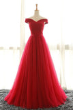 Red Off Shoulder A Line Floor Length Layers Prom Dresses