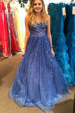 A Line Sweep Train Sweetheart Sleeveless Sparkle Prom Dresses