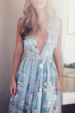 V-Neck Sleeveless Blue Tulle Appliques Long A-line Sleeveless Prom Dresses