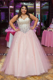 Pink A Line Floor Length Sweetheart Strapless Sleeveless Beading Plus Size Prom Dresses