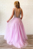 A Line Lilac Deep V Neck Beads Modest Tulle Prom Dresses, Long Formal Dresses STK15490