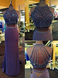 Two Piece Column Purple Sheath Crew Neck Sweep Train Beading Halter Formal Dresses