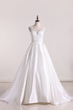 2024 A Line Scoop Satin With Applique Wedding Dresses Open PMGDHY6Z