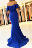 Elegant Off the Shoulder Royal Blue Mermaid Ruffle Sleeve Satin Long Prom Dresses STK15190