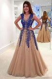 2024 Floor Length V Neck Tulle Prom Dresses With Appliques PMZL97ER