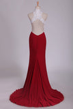 2024 High Neck Sheath Spandex Prom Dresses With Applique And Beads Open PLN5KRE4