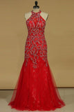 2024 Mermaid Prom Dresses High Neck Beaded Bodice Tulle P4C6HC5R