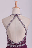 2024 Grape A Line Prom Dresses Halter Beaded Bodice Open Back Sweep Train Chiffon & PKEBFCJM