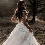 A Line Ivory V Neck Country Wedding Dresses with Appliques, Beach Wedding Gowns STK15548