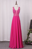 2024 A Line V Neck Chiffon Prom Dresses Beaded Bodice P1Y3MNYS