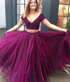 Two Piece Prom Dress Tulle Beaded Prom Dresses Long Prom Dress Evening Dress