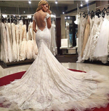 Gorgeous Scoop Illusion Back Cap Sleeves Court Train Lace Sexy Mermaid Wedding Dresses