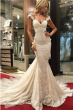 Gorgeous Scoop Illusion Back Cap Sleeves Court Train Lace Sexy Mermaid Wedding Dresses